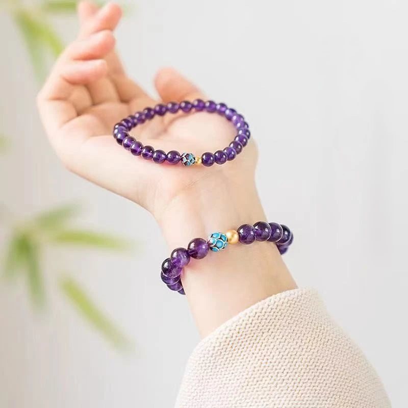 Natural Amethyst Bracelet with Purple Beads and Gold Accents for Women
