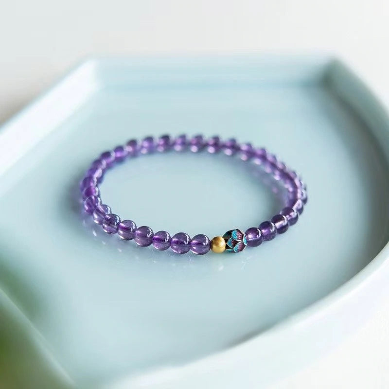 Natural Amethyst Bracelet with Purple Beads and Gold Accents for Women
