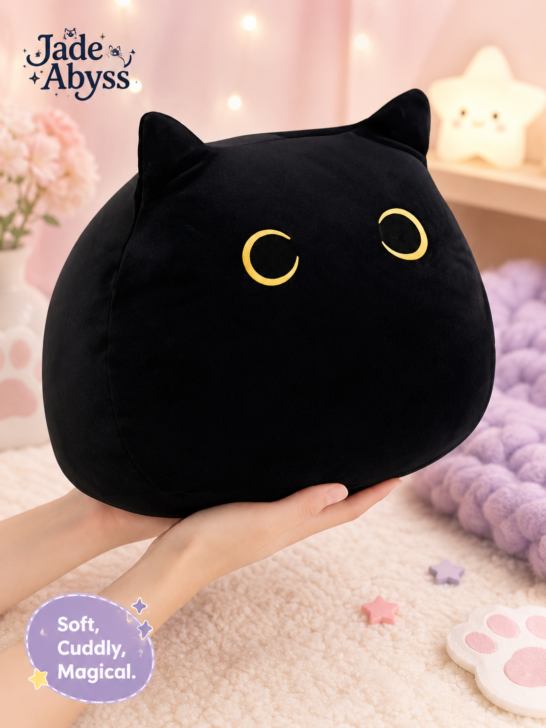 Cute Black Cat Plush Toy, Soft Stuffed Animal for Gifts & Room Decor