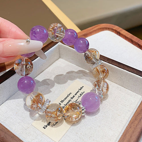 Exquisite Purple and Gold Natural Crystal Bracelet with Amethyst Beads and Golden Accents for Women - Meticulously Crafted for Home Decor and Jewelry Making
