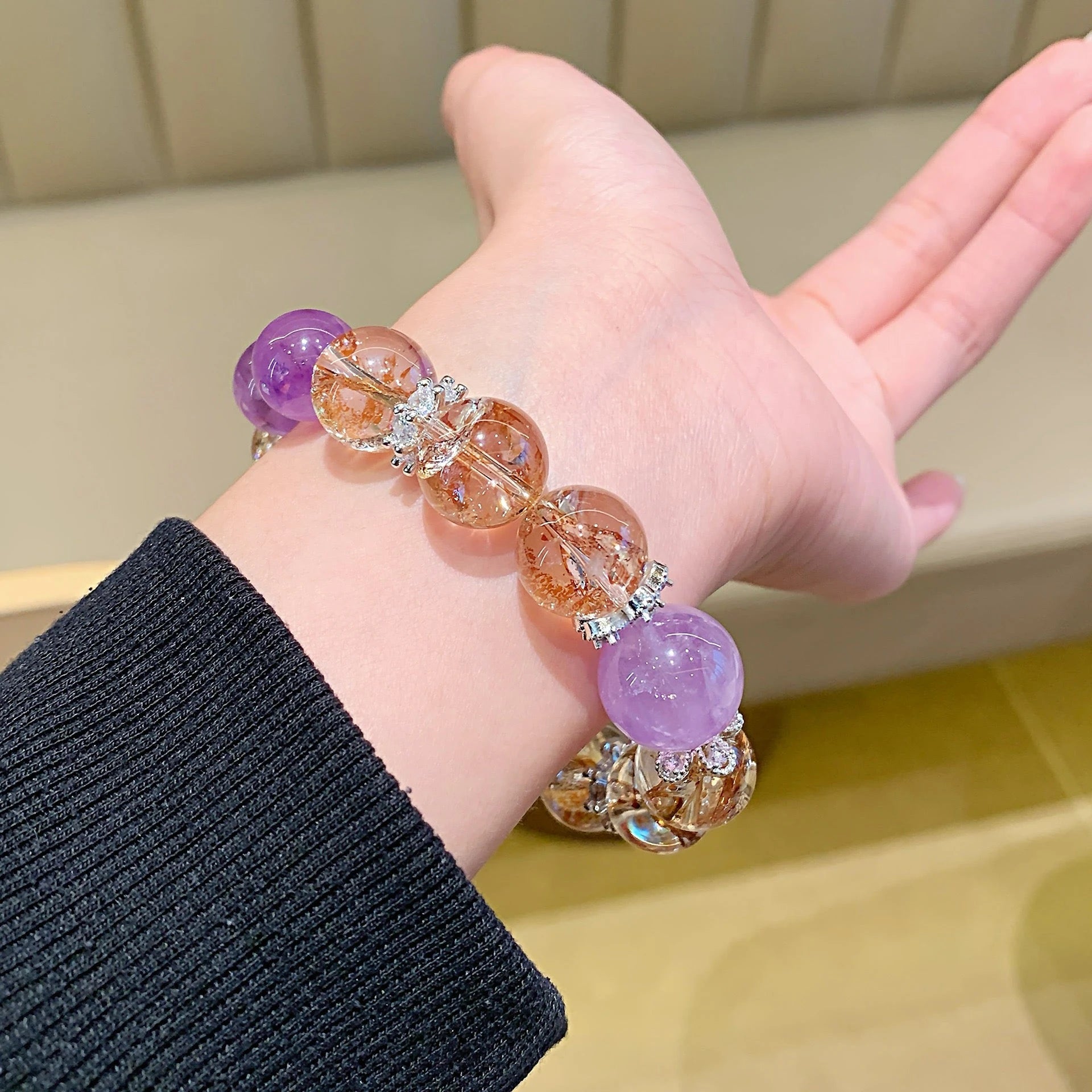 Exquisite Purple and Gold Natural Crystal Bracelet with Amethyst Beads and Golden Accents for Women - Meticulously Crafted for Home Decor and Jewelry Making